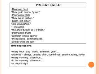 PRESENT SIMPLE
• Routine / habit
“They go to school by car.”
• Permanent state
“They live in Lisbon.”
• State (not action)
“She likes coffee.”
• Timetables
“The show begins at 8 o’clock.”
• Permanent truths
“Summer follows spring.”
• Instructions / commentaries
“Becker wins the ball.”
Time expressions
• every hour / day / week / summer / year ...
• adverbs – always, usually, often, sometimes, seldom, rarely, never
• every morning / afternoon...
• in the morning / afternoon...
• at noon / night
 