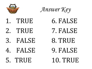 Answer Key
1. TRUE 6. FALSE
2. TRUE 7. FALSE
3. FALSE 8. TRUE
4. FALSE 9. FALSE
5. TRUE 10. TRUE
 