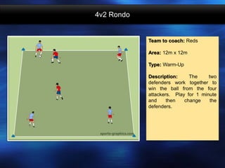 4v2 Rondo
Team to coach: Reds
Area: 12m x 12m
Type: Warm-Up
Description: The two
defenders work together to
win the ball from the four
attackers. Play for 1 minute
and then change the
defenders.
 