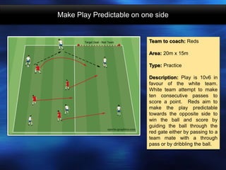 Make Play Predictable on one side
Team to coach: Reds
Area: 20m x 15m
Type: Practice
Description: Play is 10v6 in
favour of the white team.
White team attempt to make
ten consecutive passes to
score a point. Reds aim to
make the play predictable
towards the opposite side to
win the ball and score by
guiding the ball through the
red gate either by passing to a
team mate with a through
pass or by dribbling the ball.
 