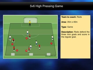 5v6 High Pressing Game
Team to coach: Reds
Area: 35m x 40m
Type: Game
Description: Reds defend the
three mini goals and score in
the regular goal.
 
