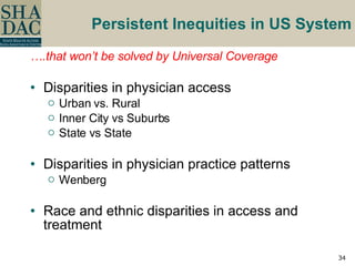 Persistent Inequities in US System … .that won’t be solved by Universal Coverage Disparities in physician access   Urban vs. Rural Inner City vs Suburbs State vs State Disparities in physician practice patterns Wenberg Race and ethnic disparities in access and treatment 