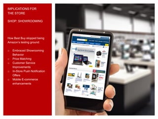 IMPLICATIONS FOR
THE STORE
How Best Buy stopped being
Amazon’s testing ground:
o Embraced Showrooming
Behavior
o Price Matching
o Customer Service
Improvements
o In-Store Push Notification
Offers
o Mobile E-commerce
enhancements
SHOP: SHOWROOMING
 