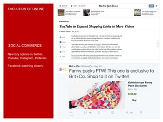EVOLUTION OF ONLINE
SOCIAL COMMERCE
New buy options in Twitter,
Youtube, Instagram, Pinterest.
Facebook watching closely.
 