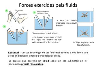 Forces exercides pels fluids
La tapa es queda
enganxada en qualsevol
direcció.
...i la tapa es separa quan el nivell
de l’aigua de l’interior del tub
coincideix amb la del recipient. La força augmenta amb
la profunditat.
Conclusió : Un cos submergit en un fluid està sotmès a una força que
actua en qualsevol direcció perpendicular al cos.
Si comencem a omplir el tub...
La pressió que exerceix un líquid sobre un cos submergit en ell
s’anomena pressió hidrostàtica.
 