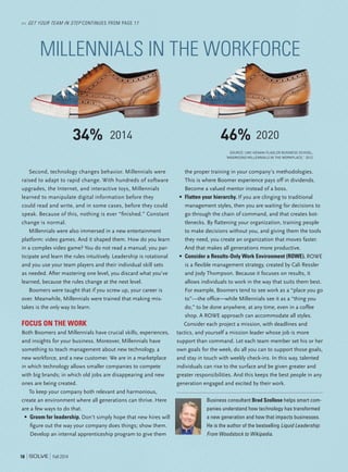Second, technology changes behavior. Millennials were
raised to adapt to rapid change. With hundreds of software
upgrades, the Internet, and interactive toys, Millennials
learned to manipulate digital information before they
could read and write, and in some cases, before they could
speak. Because of this, nothing is ever “ﬁnished.” Constant
change is normal.
Millennials were also immersed in a new entertainment
platform: video games. And it shaped them. How do you learn
in a complex video game? You do not read a manual; you par-
ticipate and learn the rules intuitively. Leadership is rotational
and you use your team players and their individual skill sets
as needed. After mastering one level, you discard what you’ve
learned, because the rules change at the next level.
Boomers were taught that if you screw up, your career is
over. Meanwhile, Millennials were trained that making mis-
takes is the only way to learn.
FOCUS ON THE WORK
Both Boomers and Millennials have crucial skills, experiences,
and insights for your business. Moreover, Millennials have
something to teach management about new technology, a
new workforce, and a new customer. We are in a marketplace
in which technology allows smaller companies to compete
with big brands; in which old jobs are disappearing and new
ones are being created.
To keep your company both relevant and harmonious,
create an environment where all generations can thrive. Here
are a few ways to do that.
• Groom for leadership. Don’t simply hope that new hires will
ﬁgure out the way your company does things; show them.
Develop an internal apprenticeship program to give them
the proper training in your company’s methodologies.
This is where Boomer experience pays off in dividends.
Become a valued mentor instead of a boss.
• Flatten your hierarchy. If you are clinging to traditional
management styles, then you are waiting for decisions to
go through the chain of command, and that creates bot-
tlenecks. By ﬂattening your organization, training people
to make decisions without you, and giving them the tools
they need, you create an organization that moves faster.
And that makes all generations more productive.
• Consider a Results-Only Work Environment (ROWE). ROWE
is a ﬂexible management strategy, created by Cali Ressler
and Jody Thompson. Because it focuses on results, it
allows individuals to work in the way that suits them best.
For example, Boomers tend to see work as a “place you go
to”—the ofﬁce—while Millennials see it as a “thing you
do,” to be done anywhere, at any time, even in a coffee
shop. A ROWE approach can accommodate all styles.
Consider each project a mission, with deadlines and
tactics, and yourself a mission leader whose job is more
support than command. Let each team member set his or her
own goals for the week, do all you can to support those goals,
and stay in touch with weekly check-ins. In this way, talented
individuals can rise to the surface and be given greater and
greater responsibilities. And this keeps the best people in any
generation engaged and excited by their work.
Business consultant Brad Szollose helps smart com-
panies understand how technology has transformed
a new generation and how that impacts businesses.
He is the author of the bestselling Liquid Leadership:
From Woodstock to Wikipedia.
MILLENNIALS IN THE WORKFORCE
<< GET YOUR TEAM IN STEP CONTINUES FROM PAGE 17
18 Fall 2014
SOURCE: UNC KENAN-FLAGLER BUSINESS SCHOOL,
“MAXIMIZING MILLENNIALS IN THE WORKPLACE,” 2012
46% 202034% 2014
 