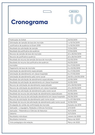 10
voltar ao menu
Cronograma
Publicação do Edital 25/03/2019
Solicitação de isenção da taxa de inscrição 1 a 10/04/2019
Justificativa de ausência no Enem 2018 1 a 10/04/2019
Resultado da solicitação de isenção 17/04/2019
Resultado da justificativa de ausência 17/04/2019
Recurso da isenção da taxa de inscrição 22 a 26/04/2019
Recurso da justificativa ausência 22 a 26/04/2019
Resultado do recurso da isenção da taxa de inscrição 02/05/2019
Resultado do recurso da justificativa de ausência 02/05/2019
Inscrições 6 a 17/05/2019
Pagamento da taxa de inscrição 6 a 23/05/2019
Solicitação de atendimento especializado 6 a 17/05/2019
Solicitação de atendimento em classe hospitalar 6 a 17/05/2019
Solicitação de atendimento pelo nome social 20/05 a 24/05/2019
Resultado da solicitação de atendimento especializado 22/05/2019
Resultado da solicitação de atendimento em classe hospitalar 22/05/2019
Recurso de solicitação de atendimento especializado 23 a 29/05/2019
Recurso de solicitação de atendimento em classe hospitalar 23 a 29/05/2019
Resultado da solicitação de atendimento pelo nome social 31/05/2019
Resultado do recurso de solicitação de atendimento especializado 05/06/2019
Resultado do recurso de solicitação atendimento em classe hospitalar 05/06/2019
Recurso da solicitação de atendimento pelo nome social 3 a 07/06/2019
Resultado do recurso da solicitação de atendimento pelo nome social 10/06/2019
Divulgação do cartão de confirmação da inscrição Outubro de 2019
Aplicação – Linguagens, Redação e Ciências Humanas 3/11/2019
Aplicação – Matemática e Ciências da Natureza 10/11/2019
Gabarito 13/11/2019
Resultados individuais Janeiro de 2020
Resultados treineiros Março de 2020
Vista pedagógica da redação Março de 2020
 