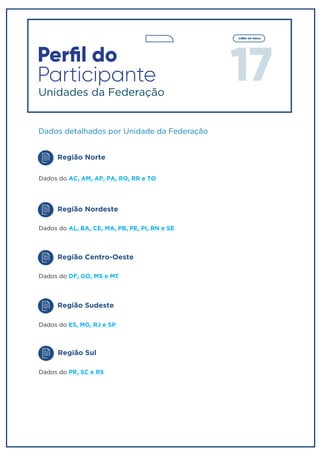 17
voltar ao menu
Perfil do
Participante
Unidades da Federação
Dados detalhados por Unidade da Federação
Região Norte
Dados do AC, AM, AP, PA, RO, RR e TO
Região Nordeste
Dados do AL, BA, CE, MA, PB, PE, PI, RN e SE
Região Centro-Oeste
Dados do DF, GO, MS e MT
Região Sudeste
Dados do ES, MG, RJ e SP
Região Sul
Dados do PR, SC e RS
 