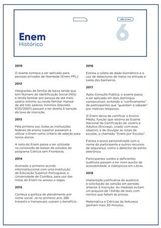 6
voltar ao menu
Enem
2010
O exame começa a ser aplicado para
pessoas privadas de liberdade (Enem PPL).
2012
Integrantes de família de baixa renda que
tem Número de Identificação Social (NIS)
e renda familiar por pessoa de até meio
salário mínimo ou renda familiar mensal
de até três salários mínimos (Decreto
6135/2007) passam a ter direito à isenção
da taxa de inscrição.
2013
Pela primeira vez, todas as instituições
federais de ensino superior passaram a
utilizar o Enem como critério de seleção para
novos alunos.
A nota do Enem passa a ser utilizada
na concessão de bolsas de estudos do
programa Ciência sem Fronteiras.
2014
Assinado o primeiro acordo
interinstitucional com uma Instituição
de Educação Superior Portuguesa, a
Universidade de Coimbra, para uso das
notas do Enem no acesso a vagas.
2015
Começa a política de atendimento por
nome social. Já no primeiro ano, 286
travestis e transexuais usaram o benefício.
Histórico
2016
Estreia a coleta de dado biométrico e o
uso de detectores de metal na entrada e
saída dos banheiros.
2017
Após Consulta Pública, o exame passa
a ser aplicado em dois domingos
consecutivos, evitando o “confinamento”
de participantes que “guardam o sábado”
por motivos religiosos.
O Enem deixa de certificar o Ensino
Médio, função que retorna ao Exame
Nacional de Certificação de Jovens e
Adultos (Encceja), criado com esse
objetivo, e de divulgar as notas de
escolas, o chamado “Enem por Escolas”.
Estreia a prova personalizada com o
nome do participante e outros recursos
de segurança, como o detector de ponto
eletrônico.
Participantes surdos e deficientes
auditivos passam a ter novo auxílio de
acessibilidade, a videoprova em Libras.
2018
Implantada justificativa de ausência
e solicitação de isenção em período
anterior à inscrição. As medidas evitam
um prejuízo de 1 bilhão de reais com
isentos que faltam às provas.
Matemática e Ciências da Natureza
ganham mais 30 minutos.
 