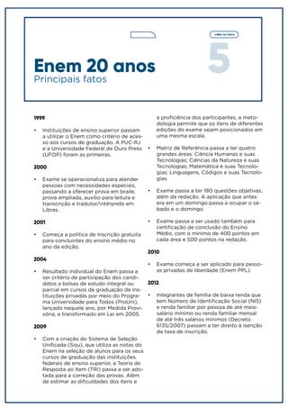5
voltar ao menu
Enem 20 anos
1999
•	 Instituições de ensino superior passam
a utilizar o Enem como critério de aces-
so aos cursos de graduação. A PUC-RJ
e a Universidade Federal de Ouro Preto
(UFOP) foram as primeiras.
2000
•	 Exame se operacionaliza para atender
pessoas com necessidades especiais,
passando a oferecer prova em braile,
prova ampliada, auxílio para leitura e
transcrição e tradutor/intérprete em
Libras.
2001
•	 Começa a política de inscrição gratuita
para concluintes do ensino médio no
ano da edição.
2004
•	 Resultado individual do Enem passa a
ser critério de participação dos candi-
datos a bolsas de estudo integral ou
parcial em cursos de graduação de ins-
tituições privadas por meio do Progra-
ma Universidade para Todos (ProUni),
lançado naquele ano, por Medida Provi-
sória, e transformado em Lei em 2005.
2009
•	 Com a criação do Sistema de Seleção
Unificada (Sisu), que utiliza as notas do
Enem na seleção de alunos para os seus
cursos de graduação das instituições
federais de ensino superior, a Teoria de
Resposta ao Item (TRI) passa a ser ado-
tada para a correção das provas. Além
de estimar as dificuldades dos itens e
Principais fatos
a proficiência dos participantes, a meto-
dologia permite que os itens de diferentes
edições do exame sejam posicionados em
uma mesma escala.
•	 Matriz de Referência passa a ter quatro
grandes áreas: Ciência Humanas e suas
Tecnologias; Ciências da Natureza e suas
Tecnologias; Matemática e suas Tecnolo-
gias; Linguagens, Códigos e suas Tecnolo-
gias.
•	 Exame passa a ter 180 questões objetivas,
além da redação. A aplicação que antes
era em um domingo passa a ocupar o sá-
bado e o domingo.
•	 Exame passa a ser usado também para
certificação de conclusão do Ensino
Médio, com o mínimo de 400 pontos em
cada área e 500 pontos na redação.
2010
•	 Exame começa a ser aplicado para pesso-
as privadas de liberdade (Enem PPL).
2012
•	 Integrantes de família de baixa renda que
tem Número de Identificação Social (NIS)
e renda familiar por pessoa de até meio
salário mínimo ou renda familiar mensal
de até três salários mínimos (Decreto
6135/2007) passam a ter direito à isenção
da taxa de inscrição.
 