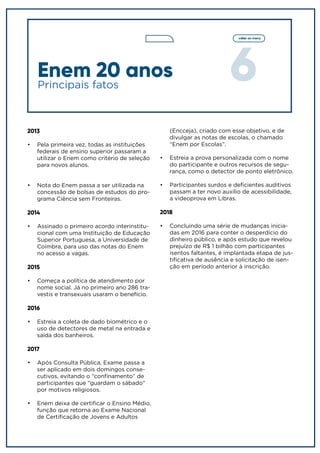 6
voltar ao menu
Enem 20 anos
2013
•	 Pela primeira vez, todas as instituições
federais de ensino superior passaram a
utilizar o Enem como critério de seleção
para novos alunos.
•	 Nota do Enem passa a ser utilizada na
concessão de bolsas de estudos do pro-
grama Ciência sem Fronteiras.
2014
•	 Assinado o primeiro acordo interinstitu-
cional com uma Instituição de Educação
Superior Portuguesa, a Universidade de
Coimbra, para uso das notas do Enem
no acesso a vagas.
2015
•	 Começa a política de atendimento por
nome social. Já no primeiro ano 286 tra-
vestis e transexuais usaram o benefício.
2016
•	 Estreia a coleta de dado biométrico e o
uso de detectores de metal na entrada e
saída dos banheiros.
2017
•	 Após Consulta Pública, Exame passa a
ser aplicado em dois domingos conse-
cutivos, evitando o “confinamento” de
participantes que “guardam o sábado”
por motivos religiosos.
•	 Enem deixa de certificar o Ensino Médio,
função que retorna ao Exame Nacional
de Certificação de Jovens e Adultos
Principais fatos
(Encceja), criado com esse objetivo, e de
divulgar as notas de escolas, o chamado
“Enem por Escolas”.
•	 Estreia a prova personalizada com o nome
do participante e outros recursos de segu-
rança, como o detector de ponto eletrônico.
•	 Participantes surdos e deficientes auditivos
passam a ter novo auxílio de acessibilidade,
a videoprova em Libras.
2018
•	 Concluindo uma série de mudanças inicia-
das em 2016 para conter o desperdício do
dinheiro público, e após estudo que revelou
prejuízo de R$ 1 bilhão com participantes
isentos faltantes, é implantada etapa de jus-
tificativa de ausência e solicitação de isen-
ção em período anterior à inscrição.
 