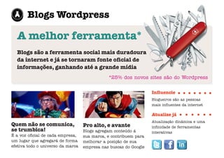 Blogs Wordpress

  A melhor ferramenta*
  Blogs são a ferramenta social mais duradoura
  da internet e já se tornaram fonte oficial de
  informações, ganhando até a grande mídia
                                              *25% dos novos sites são do Wordpress


                                                                  Influencie
                                                                  Blogueiros são as pessoas
                                                                  mais influentes da internet

                                                                  Atualize já
                                                                  Atualização dinâmica e uma
Quem não se comunica,              Pro alto, e avante             infinidade de ferramentas
se trumbica!                       Blogs agregam conteúdo á       interativas
É a voz oficial de cada empresa,   sua marca, e contribuem para
um lugar que agregará de forma     melhorar a posição de sua
efetiva todo o universo da marca   empresa nas buscas do Google
 