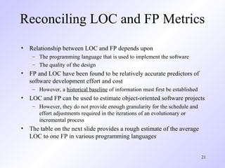 21
Reconciling LOC and FP Metrics
• Relationship between LOC and FP depends upon
– The programming language that is used to implement the software
– The quality of the design
• FP and LOC have been found to be relatively accurate predictors of
software development effort and cost
– However, a historical baseline of information must first be established
• LOC and FP can be used to estimate object-oriented software projects
– However, they do not provide enough granularity for the schedule and
effort adjustments required in the iterations of an evolutionary or
incremental process
• The table on the next slide provides a rough estimate of the average
LOC to one FP in various programming languages
 