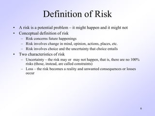 6
Definition of Risk
• A risk is a potential problem – it might happen and it might not
• Conceptual definition of risk
– ...