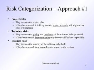 7
Risk Categorization – Approach #1
• Project risks
– They threaten the project plan
– If they become real, it is likely that the project schedule will slip and that
costs will increase
• Technical risks
– They threaten the quality and timeliness of the software to be produced
– If they become real, implementation may become difficult or impossible
• Business risks
– They threaten the viability of the software to be built
– If they become real, they jeopardize the project or the product
(More on next slide)
 