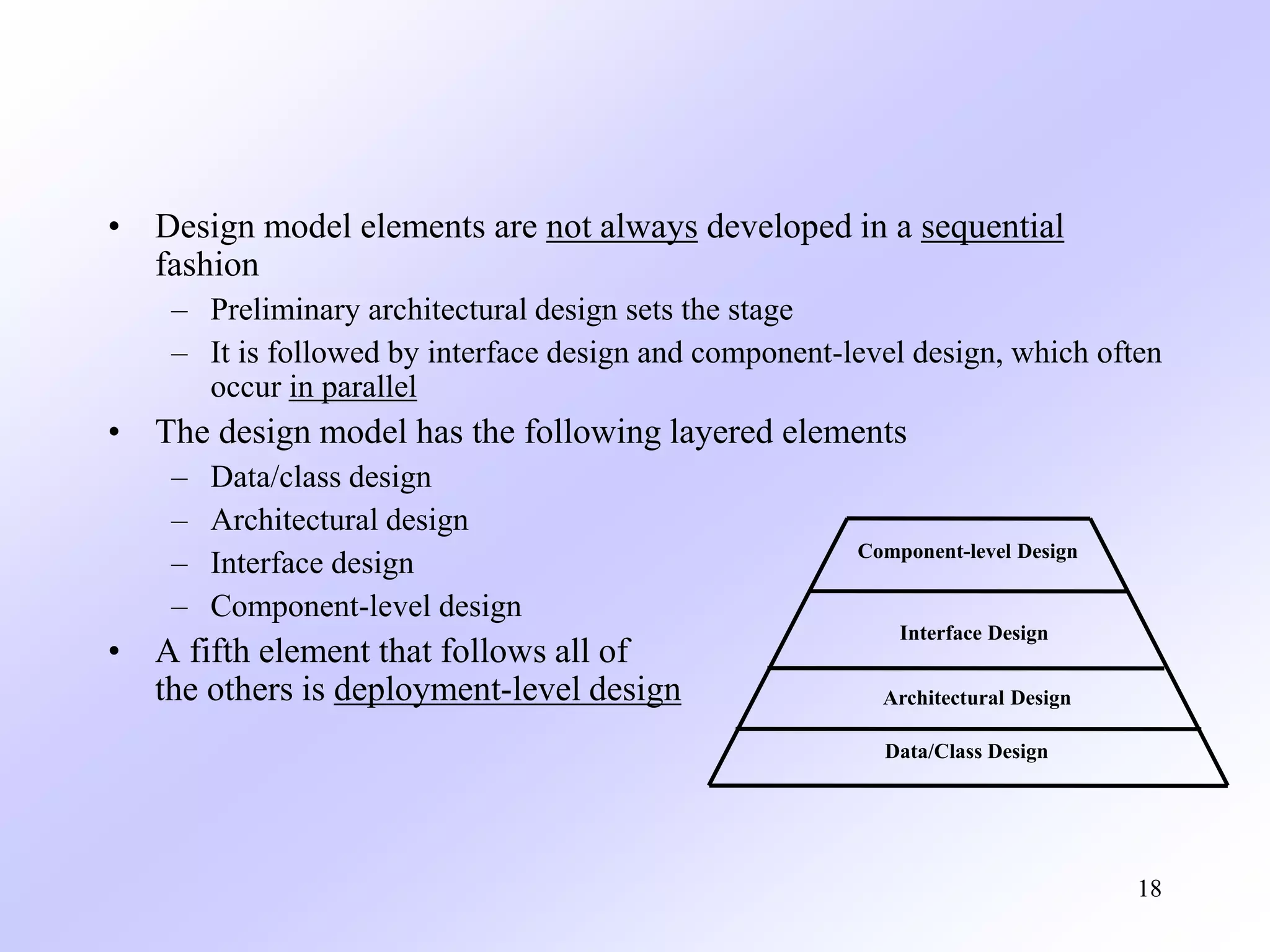 18
• Design model elements are not always developed in a sequential
fashion
– Preliminary architectural design sets the stage
– It is followed by interface design and component-level design, which often
occur in parallel
• The design model has the following layered elements
– Data/class design
– Architectural design
– Interface design
– Component-level design
• A fifth element that follows all of
the others is deployment-level design
Data/Class Design
Architectural Design
Interface Design
Component-level Design
 