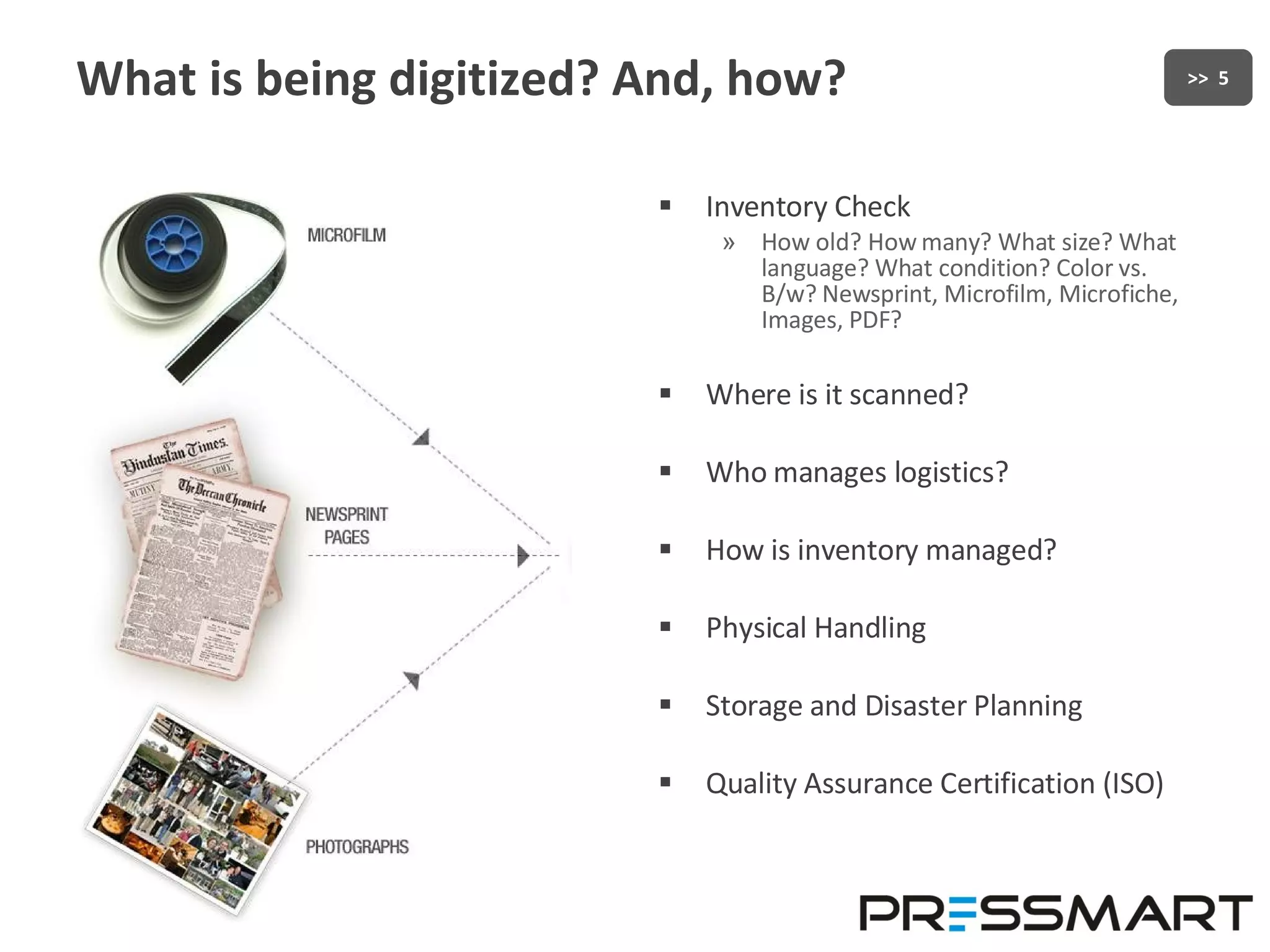 What is being digitized? And, how? Inventory Check How old? How many? What size? What language? What condition? Color vs. B/w? Newsprint, Microfilm, Microfiche, Images, PDF? Where is it scanned? Who manages logistics? How is inventory managed? Physical Handling Storage and Disaster Planning Quality Assurance Certification (ISO) 