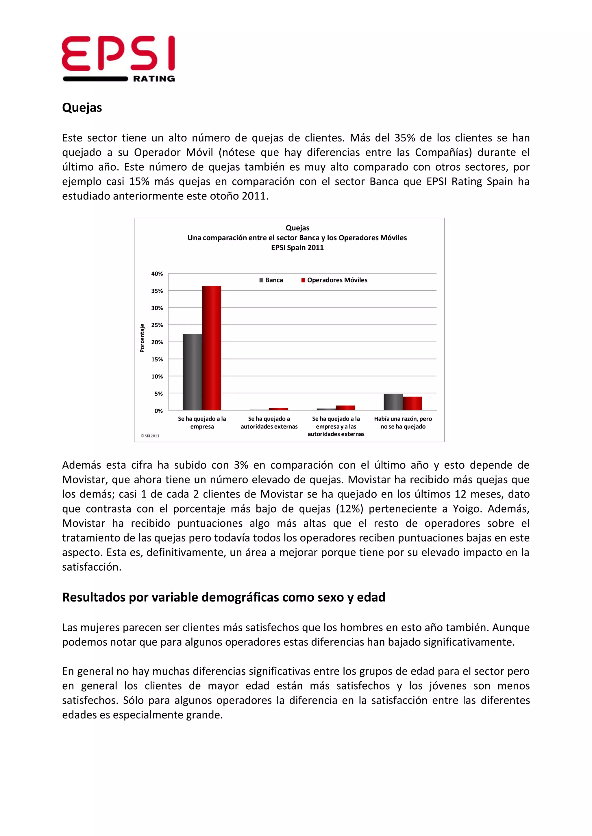 Quejas

Este sector tiene un alto número de quejas de clientes. Más del 35% de los clientes se han
quejado a su Operador Móvil (nótese que hay diferencias entre las Compañías) durante el
último año. Este número de quejas también es muy alto comparado con otros sectores, por
ejemplo casi 15% más quejas en comparación con el sector Banca que EPSI Rating Spain ha
estudiado anteriormente este otoño 2011.

                                                                 Quejas
                                     Una comparación entre el sector Banca y los Operadores Móviles
                                                            EPSI Spain 2011


                            40%
                                                               Banca          Operadores Móviles
                            35%

                            30%

                            25%
               Porcentaje




                            20%

                            15%

                            10%

                            5%

                            0%
                                  Se ha quejado a la     Se ha quejado a       Se ha quejado a la    Había una razón, pero
                                      empresa          autoridades externas      empresa y a las       no se ha quejado
                                                                              autoridades externas




Además esta cifra ha subido con 3% en comparación con el último año y esto depende de
Movistar, que ahora tiene un número elevado de quejas. Movistar ha recibido más quejas que
los demás; casi 1 de cada 2 clientes de Movistar se ha quejado en los últimos 12 meses, dato
que contrasta con el porcentaje más bajo de quejas (12%) perteneciente a Yoigo. Además,
Movistar ha recibido puntuaciones algo más altas que el resto de operadores sobre el
tratamiento de las quejas pero todavía todos los operadores reciben puntuaciones bajas en este
aspecto. Esta es, definitivamente, un área a mejorar porque tiene por su elevado impacto en la
satisfacción.

Resultados por variable demográficas como sexo y edad

Las mujeres parecen ser clientes más satisfechos que los hombres en esto año también. Aunque
podemos notar que para algunos operadores estas diferencias han bajado significativamente.

En general no hay muchas diferencias significativas entre los grupos de edad para el sector pero
en general los clientes de mayor edad están más satisfechos y los jóvenes son menos
satisfechos. Sólo para algunos operadores la diferencia en la satisfacción entre las diferentes
edades es especialmente grande.
 
