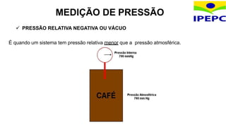  PRESSÃO RELATIVA NEGATIVA OU VÁCUO
É quando um sistema tem pressão relativa menor que a pressão atmosférica.
MEDIÇÃO DE PRESSÃO
 