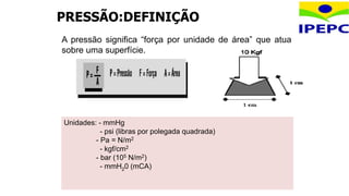 PRESSÃO:DEFINIÇÃO
Unidades: - mmHg
- psi (libras por polegada quadrada)
- Pa = N/m2
- kgf/cm2
- bar (105 N/m2)
- mmH20 (mCA)
A pressão significa “força por unidade de área” que atua
sobre uma superfície.
 