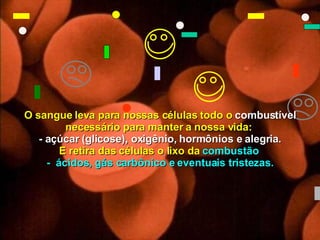O sangue leva para nossas células todo o  combustível  necessário para manter a nossa vida:  - açúcar (glicose), oxigênio, hormônios e alegria. E retira das células o lixo da  combustão  -  ácidos, gás carbônico e eventuais tristezas. 