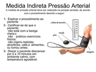 Medida Indireta Pressão Arterial A medida da pressão arterial deve ser realizada na posição sentada, de acordo com o procedimento descrito a seguir:   1-  Explicar o procedimento ao paciente 2-  Certificar-se de que o paciente:   não está com a bexiga cheia;   não   praticou exercícios físicos;  não ingeriu bebidas alcoólicas, café,   alimentos, ou fumou antes. 3-  Deixar o paciente descansar por 5 a 10 minutos em ambiente calmo, com temperatura agradável. 