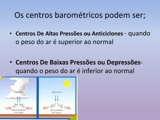 Os centros barométricos podem ser;
• Centros De Altas Pressões ou Anticiclones - quando
o peso do ar é superior ao normal
• Centros De Baixas Pressões ou Depressões-
quando o peso do ar é inferior ao normal
 