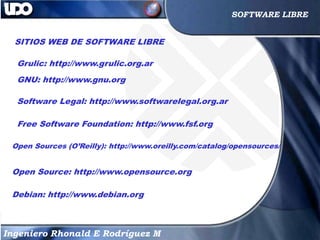 23
23
Ingeniero Rhonald E Rodríguez M
SOFTWARE LIBRE
SITIOS WEB DE SOFTWARE LIBRE
Grulic: http://www.grulic.org.ar
GNU: ht...