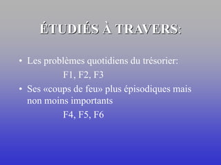 ÉTUDIÉS À TRAVERS:
• Les problèmes quotidiens du trésorier:
F1, F2, F3
• Ses «coups de feu» plus épisodiques mais
non moins importants
F4, F5, F6
 