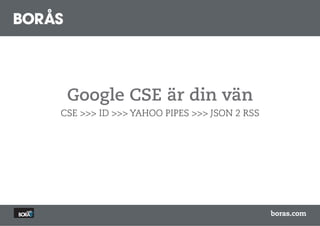 Google CSE är din vän
CSE >>> ID >>> YAHOO PIPES >>> JSON 2 RSS




                                            boras.com
 