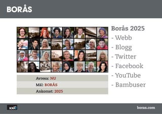 Borås 2025
- Webb
- Blogg
- Twitter
- Facebook
- YouTube
- Bambuser


            boras.com
 