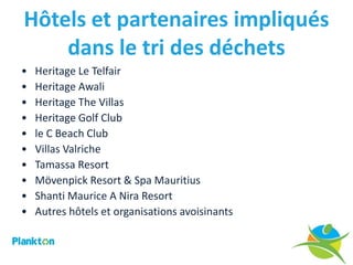 Hôtels et partenaires impliqués
    dans le tri des déchets
•   Heritage Le Telfair
•   Heritage Awali
•   Heritage The Villas
•   Heritage Golf Club
•   le C Beach Club
•   Villas Valriche
•   Tamassa Resort
•   Mövenpick Resort & Spa Mauritius
•   Shanti Maurice A Nira Resort
•   Autres hôtels et organisations avoisinants
 