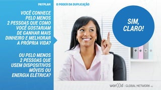 GLOBAL NETWORK PLC
SIM,
CLARO!
PAYPLAN O PODER DA DUPLICAÇÃO
VOCÊ CONHECE
PELO MENOS
2 PESSOAS QUE COMO
VOCÊ GOSTARIAM
DE GANHAR MAIS
DINHEIRO E MELHORAR
A PRÓPRIA VIDA?
OU PELO MENOS
2 PESSOAS QUE
USEM DISPOSITIVOS
MÓVEIS OU
ENERGIA ELÉTRICA?
 