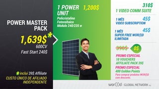 Para comprar produtos WOR(l)D
com desconto.
390$
PROMO ESPECIAL
10 VOUCHERS
AFFILIATE PACK 39$
PROMO ESPECIAL
400 Golden Points
0$
1,639$
GLOBAL NETWORK PLC
inclui 39$ Afﬁliate
POWER MASTER
PACK
1,200$1 POWER
UNIT
Policristalino
Fotovoltaico
Módulo 240/235 w
1 MÊS
VIDEO SUBSCRIPTION
1 MÊS
SUPER FREE WOR(l)D
ILIMITADA
1 VIDEO COMM SUITE
310$
45$
45$
CUSTO ÚNICO DE AFILIADO
INDEPENDENTE
600CV
Fast Start 240$
 