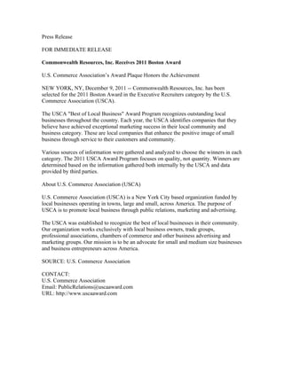 Press Release Commonwealth Resources, Inc. Receives 2011 Boston Award 