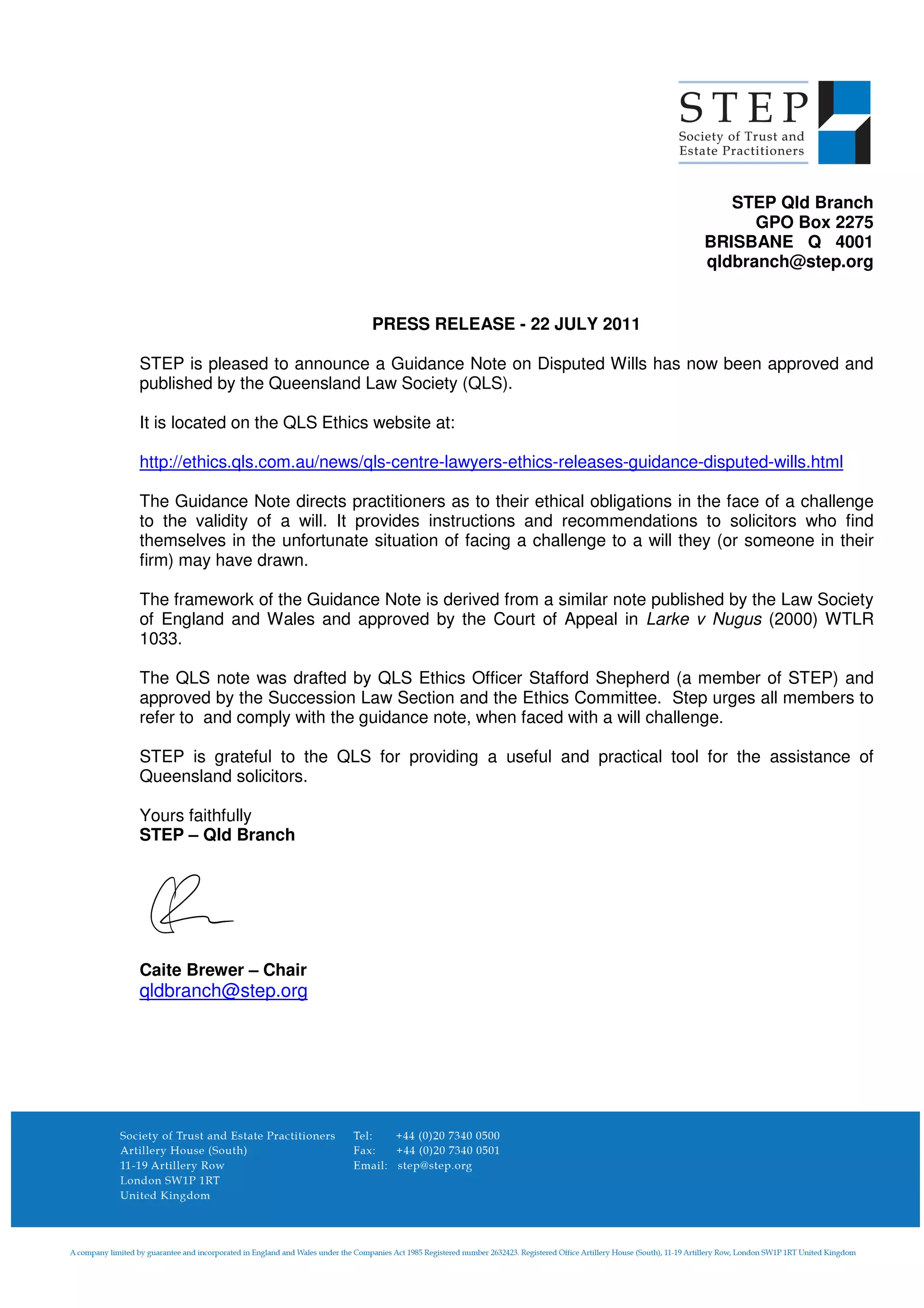 Press release larke v nugus PDF