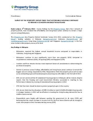 Press Release                                                                   For Immediate Release

       SURVEY BY THE IPROPERTY GROUP FINDS THAT AFFORDABLE HOUSING CONTINUES
                      TO REMAIN A CONCERN AMONGST MALAYSIANS


Kuala Lumpur, 5th February 2013 – Survey findings by the iProperty Group, Asia’s No.1 network of
property portals, have revealed that affordability and rising house prices continue to remain a major
concern among Malaysians.

The iProperty.com Asia Property Market Sentiment Survey (H1) 2013, conducted on the iProperty
Group’s leading websites in Malaysia (iproperty.com.my), Indonesia (Rumah123.com and
rumahdanproperti.com), Hong Kong (GoHome.com.hk) and Singapore (iproperty.com.sg), is the first
cross-market online property survey of its kind.

Key Findings in Malaysia:

   -    Malaysians reported the highest annual household income compared to respondents in
        Indonesia, Hong Kong and Singapore

   -    Malaysians continue to own significantly more than one property (41%) compared to
        respondents in Indonesia (16%), Hong Kong (18%) and Singapore (22%)

   -    Location and Price remains the two most important factors of consideration in determining the
        purchase of property

   -    Similar to previous survey findings, affordability and rising house prices continue to remain the
        biggest concern among respondents (70%). Respondents think that property prices will increase
        across all dwelling types with landed property becoming less affordable in the first half of 2013

   -    65% are not convinced that 30 abandoned housing projects in Malaysia will be revived, despite
        reports that the Housing and Local Government Ministry succeeded in reaching its Key
        Performance Indicator by reviving 32 abandoned housing projects in 2012

   -    47% feel that more should be done to protect property buyers in the country

   -    65% do not think that the allocation of MYR1.9 million to build 123,000 affordable housing units
        in strategic locations in 2013 will be effective in meeting the rising housing demand for low-to
        middle-income earners

   -    Respondents were largely split between wanting the government to do more (32%) and
        believing that the recent increase in income limit for My First Home Scheme will do enough to
        assist more people in their homeownership journey (32%)
 