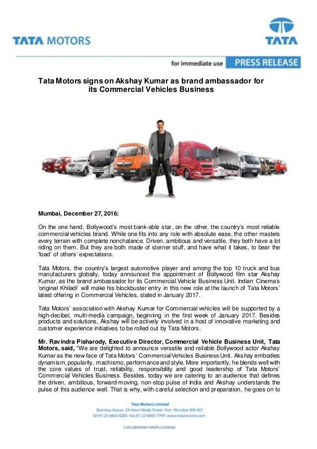 Akshay Kumar Tata Comercial Brand Ambassador Press Release