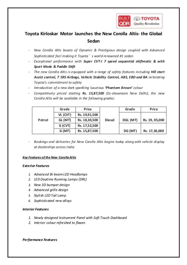 New Toyota Corolla Altis Launched In India Press Release