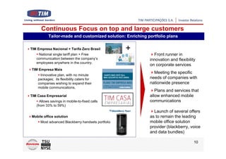 Continuous Focus on top and large customers
           Tailor-made and customized solution: Enriching portfolio plans

TIM Empresa Nacional + Tarifa Zero Brasil           +
    National single tariff plan + Free                       Front runner in
   communication between the company’s                     innovation and flexibility
   employees anywhere in the country.
                                                           on corporate services
TIM Empresa Mais
                                                             Meeting the specific
     Innovative plan, with no minute
    packages; its flexibility caters for                   needs of companies with
    companies wishing to expand their                      nationwide presence
    mobile communications.
                                                              Plans and services that
TIM Casa Empresarial                                       allow enhanced mobile
     Allows savings in mobile-to-fixed calls               communications
   (from 33% to 59%)
                                                             Launch of several offers
Mobile office solution                                     as to remain the leading
      Most advanced Blackberry handsets portfolio          mobile office solution
                                                           provider (blackberry, voice
                                                           and data bundles)

                                                                                    10
 