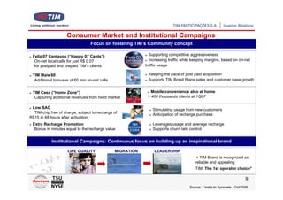 Consumer Market and Institutional Campaigns
                                    Focus on fostering TIM’s Community concept

►   Feliz 07 Centavos (“Happy 07 Cents”)                     ► Supporting competitive aggressiveness
                                                             ► Increasing traffic while keeping margins, based on on-net
     On-net local calls for just R$ 0.07
     for postpaid and prepaid TIM’s clients                  traffic usage

►   TIM Mais 60                                              ► Keeping the pace of post paid acquisition
     Additional bonuses of 60 min on-net calls               ► Supports TIM Brasil Plans sales and customer base growth




►   TIM Casa (“Home Zone”)                                       ► Mobile convenience also at home
     Capturing additional revenues from fixed market             > 400 thousands clients at 1Q07

►Low SAC                                                         ► Stimulating usage from new customers
  TIM chip free of charge, subject to recharge of                ► Anticipation of recharge purchase
R$15 in 48 hours after activation
►   Extra Recharge Promotion                                     ►   Leverages usage and average recharge
     Bonus in minutes equal to the recharge value                ►   Supports churn rate control


              Institutional Campaigns: Continuous focus on building up an inspirational brand

                       LIFE QUALITY              MIGRATION           LEADERSHIP
                                                                                             TIM Brand is recognized as
                                                                                          reliable and appealing
                                                                                          TIM: The 1st operator choice*

                                                                                                                            9
                                                                                       Source: * Instituto Synovate - Oct/2006
 