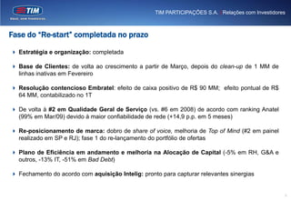 TIM PARTICIPAÇÕES S.A. | Relações com Investidores



Fase do “Re-start” completada no prazo

 Estratégia e organização: completada

 Base de Clientes: de volta ao crescimento a partir de Março, depois do clean-up de 1 MM de
  linhas inativas em Fevereiro

 Resolução contencioso Embratel: efeito de caixa positivo de R$ 90 MM; efeito pontual de R$
  64 MM, contabilizado no 1T

 De volta à #2 em Qualidade Geral de Serviço (vs. #6 em 2008) de acordo com ranking Anatel
  (99% em Mar/09) devido à maior confiabilidade de rede (+14,9 p.p. em 5 meses)

 Re-posicionamento de marca: dobro de share of voice, melhoria de Top of Mind (#2 em painel
  realizado em SP e RJ); fase 1 do re-lançamento do portfólio de ofertas

 Plano de Eficiência em andamento e melhoria na Alocação de Capital (-5% em RH, G&A e
  outros, -13% IT, -51% em Bad Debt)

 Fechamento do acordo com aquisição Intelig: pronto para capturar relevantes sinergias


                                                                                                    3
 