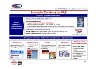 Inovação Contínua do VAS
                                      Estímulo à Utilização de Dados

                       Cross-selling de Pacote de Dados
                       TIM: Pacote de Dados
   Ofertas               Acesso à Internet Portfolio Data Plugins
 Inovadoras /            Ofertas integradas incluem 1 GB, 250 MB ou 40 MB
Flexibilidade e          Ofertado para todos os clientes TIM pós-pagos (Corporativo e Consumidor)
Conveniência
                       Incentivo à Utilização de Dados
                       MEGA TIM WAP: Pacote de 40Mb para ser utilizado no Wap Fast
                       MEGA TIM Mensagens: Cartões de SMS+MMS


                  Reforço do Conteúdo Multimídia, Interatividade e Conectividade

                                                                                                 Estímulo ao VAS
  M-Commerce            TIM Music Store             Games                   TIM Studio
                                                                                              (Usuários e Utilização)
Serviço Móvel - GOL        Downloads de        Demo de Jogos Grátis      Conteúdo Gerado
Passagens e Check-in      músicas              Jogos Promocionais      pelo Usuário            Promoções SMS
                                             por R$3,99                                          Cristo Redentor
                                                                                                 Quiz
                                                                                                 Torpedo Surpresa
                                                                                                 Promoção no
                                                                                               varejo (Mellita, Extra
                                                                                               e Prestobarba
                                                                                               Gillete)

                                                                                                                  11
 