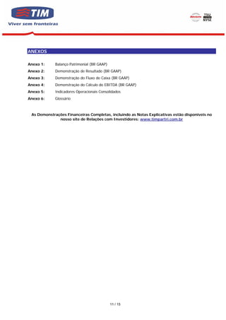 EXOS
       ANEXOS

       Anexo 1:     Balanço Patrimonial (BR GAAP)
       Anexo 2:     Demonstração de Resultado (BR GAAP)
       Anexo 3:     Demonstração do Fluxo de Caixa (BR GAAP)
       Anexo 4:     Demonstração do Cálculo do EBITDA (BR GAAP)
       Anexo 5:     Indicadores Operacionais Consolidados
       Anexo 6:     Glossário



        As Demonstrações Financeiras Completas, incluindo as Notas Explicativas estão disponíveis no
                     nosso site de Relações com Investidores: www.timpartri.com.br




                                                    11 / 15
 