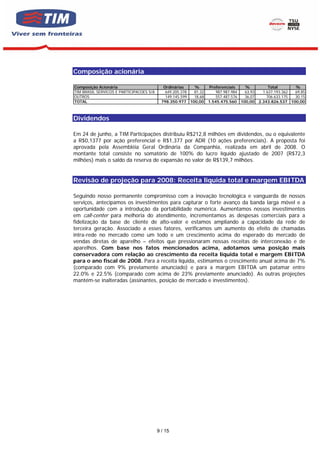 Composição acionária

Composição Acionária                         Ordinárias   %        Preferenciais  %            Total      %
TIM BRASIL SERVICOS E PARTICIPACOES S/A       649.205.378 81,32       987.987.984 63,93     1.637.193.362 69,85
OUTROS                                        149.145.599 18,68       557.487.576 36,07       706.633.175 30,15
TOTAL                                       798.350.977 100,00    1.545.475.560 100,00    2.343.826.537 100,00



Dividendos

Em 24 de junho, a TIM Participações distribuiu R$212,8 milhões em dividendos, ou o equivalente
a R$0,1377 por ação preferencial e R$1,377 por ADR (10 ações preferenciais). A proposta foi
aprovada pela Assembléia Geral Ordinária da Companhia, realizada em abril de 2008. O
montante total consiste no somatório de 100% do lucro líquido ajustado de 2007 (R$72,3
milhões) mais o saldo da reserva de expansão no valor de R$139,7 milhões.


Revisão de projeção para 2008: Receita liquida total e margem EBITDA

Seguindo nosso permanente compromisso com a inovação tecnológica e vanguarda de nossos
serviços, antecipamos os investimentos para capturar o forte avanço da banda larga móvel e a
oportunidade com a introdução da portabilidade numérica. Aumentamos nossos investimentos
em call-center para melhoria do atendimento, incrementamos as despesas comerciais para a
fidelização da base de cliente de alto-valor e estamos ampliando a capacidade da rede de
terceira geração. Associado a esses fatores, verificamos um aumento do efeito de chamadas
intra-rede no mercado como um todo e um crescimento acima do esperado do mercado de
vendas diretas de aparelho – efeitos que pressionaram nossas receitas de interconexão e de
aparelhos. Com base nos fatos mencionados acima, adotamos uma posição mais
conservadora com relação ao crescimento da receita líquida total e margem EBITDA
para o ano fiscal de 2008. Para a receita líquida, estimamos o crescimento anual acima de 7%
(comparado com 9% previamente anunciado) e para a margem EBITDA um patamar entre
22.0% e 22.5% (comparado com acima de 23% previamente anunciado). As outras projeções
mantém-se inalteradas (assinantes, posição de mercado e investimentos).




                                          9 / 15
 