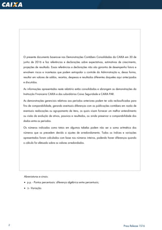 2 Press Release 1S16
Abreviaturas e sinais:
• p.p. - Pontos percentuais: diferença algébrica entre percentuais;
• ∆ - Variação.
O presente documento baseia-se nas Demonstrações Contábeis Consolidadas da CAIXA em 30 de
junho de 2016 e faz referências e declarações sobre expectativas, estimativas de crescimento,
projeções de resultado. Essas referências e declarações não são garantia de desempenho futuro e
envolvem riscos e incertezas que podem extrapolar o controle da Administração e, dessa forma,
resultar em valores de saldos, receitas, despesas e resultados diferentes daqueles aqui antecipados
e discutidos.
As informações apresentadas neste relatório estão consolidadas e abrangem as demonstrações da
Instituição Financeira CAIXA e das subsidiárias Caixa Seguridade e CAIXA PAR.
As demonstrações gerenciais relativas aos períodos anteriores podem ter sido reclassificadas para
fins de comparabilidade, gerando eventuais diferenças com as publicações contábeis em razão de
eventuais realocações ou agrupamento de itens, os quais visam fornecer um melhor entendimento
ou visão da evolução de ativos, passivos e resultados, ou ainda preservar a comparabilidade dos
dados entre os períodos.
Os números indicados como totais em algumas tabelas podem não ser a soma aritmética dos
números que os precedem devido a ajustes de arredondamento. Todos os índices e variações
apresentados foram calculados com base nos números inteiros, podendo haver diferenças quando
o cálculo for efetuado sobre os valores arredondados.
 