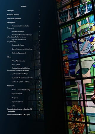 3 Press Release 1S16
Sumário
Destaques 4
Principais Números 5
Conjuntura Econômica 7
Desempenho 8
- Resultado da Intermediação
Financeira
9
- Margem Financeira 9
- Receitas de Prestação de Serviços
e Rendas de Tarifas Bancárias
10
- Seguros, Previdência e
Capitalização
10
- Despesas de Pessoal 11
- Outras Despesas Administrativas 11
- Eficiência Operacional 12
Ativos 13
- Ativos Administrados 13
- Ativos CAIXA 13
- Títulos e Valores Mobiliários e
Instrumentos Financeiros Derivativos
14
- Carteira de Crédito Ampla 15
- Qualidade da Carteira de Crédito 17
- Cartões de Crédito e Débito 18
Captações 19
- Análise Gerencial do Funding 19
- Depósitos à Vista 20
- Poupança 20
- Depósitos a Prazo 21
- Letras 21
Fundos de Investimentos e Carteiras Ad-
ministradas
22
Gerenciamento do Risco e do Capital 23
 