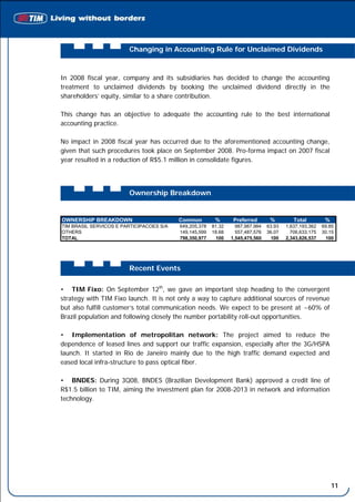 Changing in Accounting Rule for Unclaimed Dividends


In 2008 fiscal year, company and its subsidiaries has decided to change the accounting
treatment to unclaimed dividends by booking the unclaimed dividend directly in the
shareholders’ equity, similar to a share contribution.

This change has an objective to adequate the accounting rule to the best international
accounting practice.

No impact in 2008 fiscal year has occurred due to the aforementioned accounting change,
given that such procedures took place on September 2008. Pro-forma impact on 2007 fiscal
year resulted in a reduction of R$5.1 million in consolidate figures.




                        Ownership Breakdown


OWNERSHIP BREAKDOWN                       Common         %       Preferred       %         Total         %
TIM BRASIL SERVICOS E PARTICIPACOES S/A   649,205,378   81.32     987,987,984   63.93   1,637,193,362   69.85
OTHERS                                    149,145,599   18.68     557,487,576   36.07     706,633,175   30.15
TOTAL                                     798,350,977    100    1,545,475,560    100    2,343,826,537    100




                        Recent Events

• TIM Fixo: On September 12th, we gave an important step heading to the convergent
strategy with TIM Fixo launch. It is not only a way to capture additional sources of revenue
but also fulfill customer’s total communication needs. We expect to be present at ~60% of
Brazil population and following closely the number portability roll-out opportunities.

• Implementation of metropolitan network: The project aimed to reduce the
dependence of leased lines and support our traffic expansion, especially after the 3G/HSPA
launch. It started in Rio de Janeiro mainly due to the high traffic demand expected and
eased local infra-structure to pass optical fiber.

• BNDES: During 3Q08, BNDES (Brazilian Development Bank) approved a credit line of
R$1.5 billion to TIM, aiming the investment plan for 2008-2013 in network and information
technology.




                                                                                                             11
 