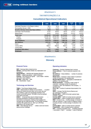 Attachment 5
                                            TIM PARTICIPAÇÕES S.A.
                                Consolidated Operational Indicators

                                                                                                    QoQ              YoY
                                                       3Q08         2Q08            3Q07              %               %

Estimated Population in the Region (million)               192.4         191.8          189.8             0.3%           1.4%
Municipalities Served - GSM                                2,765         2,733          2,538             1.2%           8.9%
Brazilian Wireless Subscriber Base (million)               140.8         133.2          112.8             5.7%         24.9%
Estimated Total Penetration                               73.2%         69.4%          59.4%           3.7 p.p.      13.8 p.p.
Market Share                                              25.0%         25.4%          25.9%          -0.5 p.p.      -0.9 p.p.
Total Lines                                          35,206,430    33,814,899     29,159,522              4.1%         20.7%
  Prepaid                                            28,386,108    26,993,482     22,570,834              5.2%         25.8%
  Postpaid                                            6,820,322     6,821,417      6,588,688              0.0%           3.5%
Gross Additions                                       4,572,776     4,045,917      3,996,155            13.0%          14.4%
Net Additions                                         1,391,531     1,281,900      1,681,220              8.6%        -17.2%
Churn                                                      9.4%          8.4%           8.4%           0.9 p.p         1.0 p.p
TOTAL ARPU                                               R$29.7        R$29.8         R$34.0             -0.6%        -12.7%
TOTAL MOU                                                    101           100             94             0.6%           7.4%
Investment (R$ million)                                    510.7       1,706.3          344.5          -70.1%          48.3%
Employees                                                10,173         10,253          9,854            -0.8%           3.2%



                                                     Attachment 6
                                                        Glossary


  Financial Terms                                                  Operating indicators

  EBIT = Earnings before interest and tax                          Customers = Number of wireless lines in service
  EBITDA = Earnings before interest, tax, depreciation and         Gross additions = Total of customers acquired in the
  amortization                                                     period
  EBITDA Margin = EBITDA/ Net Operating Revenue                    Net additions = Gross Additions – number of customers
  CAPEX – (capital expenditure) capital investment                 disconnected
  Subsidy = (net revenue from goods – cost of sales + vendors      Market share = Company ’s total number of customers /
  discounts) / gross additions                                     number of customers in its operating area
  Net debt = gross debt – cash                                     Marginal Market share = participation of estimated net
  PL – Shareholders ’ Equity                                       additions in the operating area.
                                                                   Market penetration = Company ’s total number of
                                                                   customers + estimated number of customers of
  Technology and Services                                          competitors / each 100 inhabitants in the Company ’s
                                                                   operating area
  TDMA = Time Division Multiple Access                             Churn rate = number of customers disconnected in the
  GSM = Global System for Mobile Communications – A system         period
  storing and coding cell phone data, such as user calls and       ARPU = Average Total Net Service Revenue per
                                                                                                           –
  data, enabling a user to be recognized anywhere in the           per customers in the period
  country by the GSM network. The GSM is now the standard          Blended ARPU = ARPU of the total customer base
  most used in the world.                                          (contract + prepaid)
  EDGE = Enhanced Data rates for Global Evolution            –     Contract ARPU = ARPU of contract service customers
  technique developed to increase the speed of data                Prepaid ARPU = ARPU of prepaid service customers
  transmission via cell phone, creating a real broadband for       MOU = minutes of use – monthly average. in minutes of
  handsets with the GSM technology. The first EDGE handsets        traffic per customer = (Total number of outgoing minutes +
  available offer speeds that can reach up to 200 Kbps,            incoming minutes) / monthly average of customers in the
  depending on the handset model.                                  period
  SMS = Short Message Service – ability to send and receive        Contract MOU = MOU of contract service customers
  alphanumerical messages.                                         Prepaid MOU = MOU of prepaid service customers
                                                                   SAC = Customer acquisition cost = (marketing expenses
                                                                   + commission + Fistel + “ comodato ” + costs of retention)




                                                                                                                                 17
 
