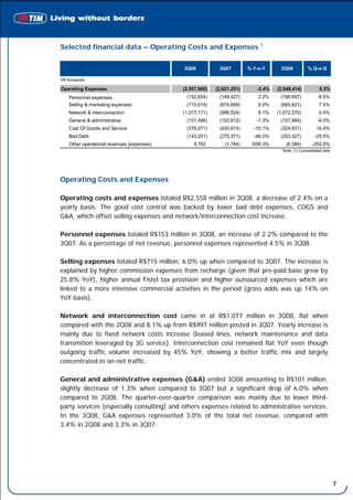 Selected financial data – Operating Costs and Expenses 1

                                            3Q08           3Q07         % Y-o-Y      2Q08          % Q-o-Q

R$ thousands

Operating Expenses                          (2,557,960)   (2,621,251)      -2.4%   (2,549,414)           0.3%
    Personnel expenses                       (152,654)     (149,427)        2.2%    (168,697)           -9.5%
    Selling & marketing expenses             (715,019)     (674,699)        6.0%    (665,621)            7.4%
    Network & interconnection               (1,077,171)    (996,524)        8.1%   (1,072,570)           0.4%
    General & administrative                 (101,496)     (102,812)       -1.3%    (107,984)           -6.0%
    Cost Of Goods and Service                (378,071)     (420,674)      -10.1%    (324,831)           16.4%
    Bad Debt                                 (143,251)     (275,371)      -48.0%    (203,327)          -29.5%
    Other operational revenues (expenses)       9,702         (1,744)    -656.3%       (6,384)       -252.0%
                                                                                     Note: (1) Consolidated data




Operating Costs and Expenses

Operating costs and expenses totaled R$2,558 million in 3Q08, a decrease of 2.4% on a
yearly basis. The good cost control was backed by lower bad debt expenses, COGS and
G&A, which offset selling expenses and network/interconnection cost increase.

Personnel expenses totaled R$153 million in 3Q08, an increase of 2.2% compared to the
3Q07. As a percentage of net revenue, personnel expenses represented 4.5% in 3Q08.

Selling expenses totaled R$715 million, 6.0% up when compared to 3Q07. The increase is
explained by higher commission expenses from recharge (given that pre-paid base grew by
25.8% YoY), higher annual Fistel tax provision and higher outsourced expenses which are
linked to a more intensive commercial activities in the period (gross adds was up 14% on
YoY basis).

Network and interconnection cost came in at R$1,077 million in 3Q08, flat when
compared with the 2Q08 and 8.1% up from R$997 million posted in 3Q07. Yearly increase is
mainly due to fixed network costs increase (leased lines, network maintenance and data
transmition leveraged by 3G service). Interconnection cost remained flat YoY even though
outgoing traffic volume increased by 45% YoY, showing a better traffic mix and largely
concentrated in on-net traffic.

General and administrative expenses (G&A) ended 3Q08 amounting to R$101 million,
slightly decrease of 1.3% when compared to 3Q07 but a significant drop of 6.0% when
compared to 2Q08. The quarter-over-quarter comparison was mainly due to lower third-
party services (especially consulting) and others expenses related to administrative services.
In the 3Q08, G&A expenses represented 3.0% of the total net revenue, compared with
3.4% in 2Q08 and 3.3% in 3Q07.




                                                                                                                   7
 